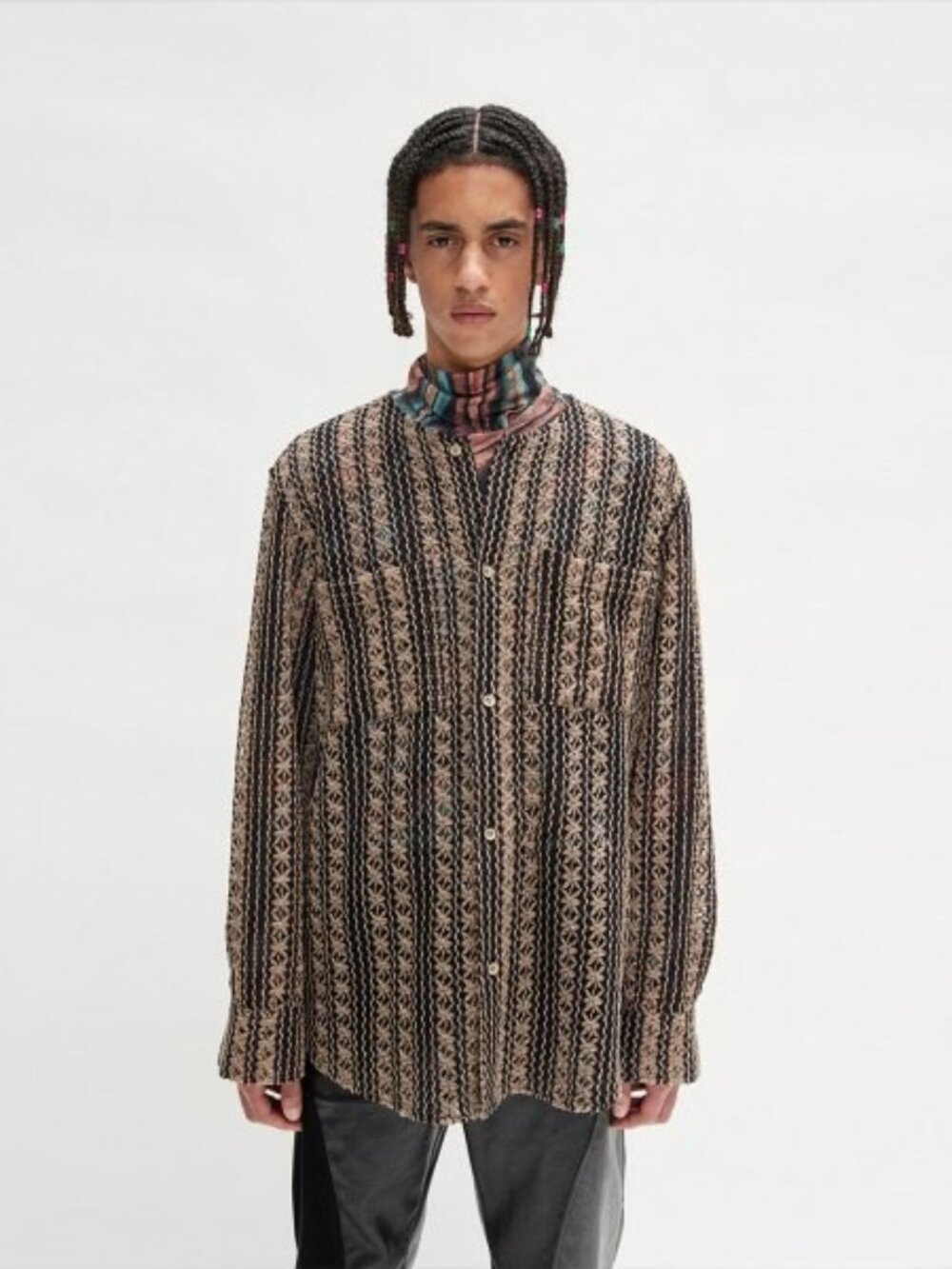 ANDERSSON BELL Flower Embroidered Collarless Black Brown OS Button Down Shirt L